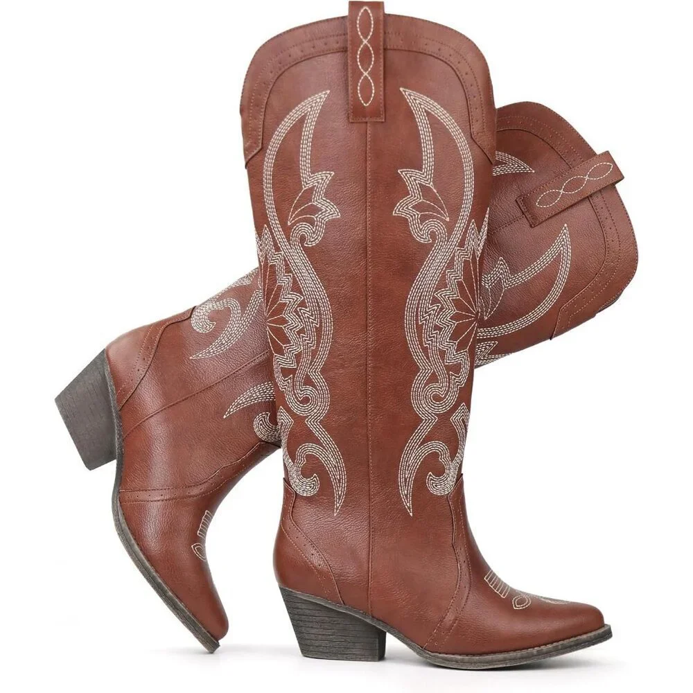 Women's Brown Faux Leather Pointed Toe and Block Heel Classic Embroidered Boot